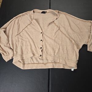 Oversized Pointelle Knit Cardigan Women's Small Brown Cozy Boho Layering Sweater